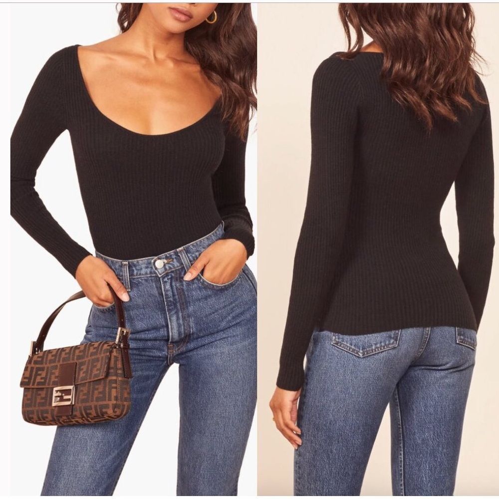 Reformation Scoop Neck Cashmere Black Ribbed Mia Sweater XL